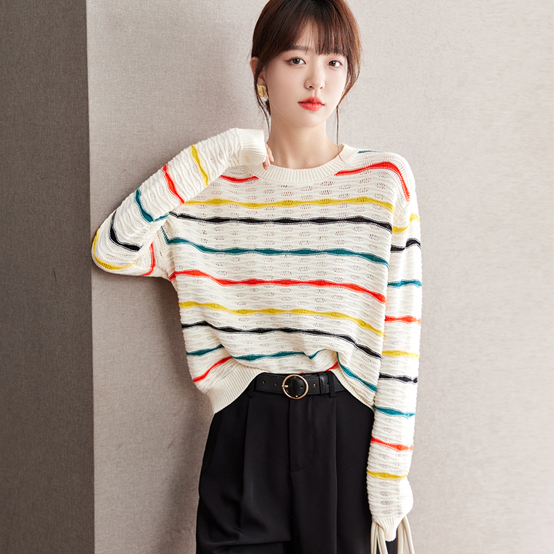 Retro colors thin sweater stripe mixed colors tops for women