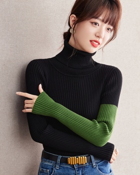 Slim bottoming mixed colors long sleeve splice black sweater