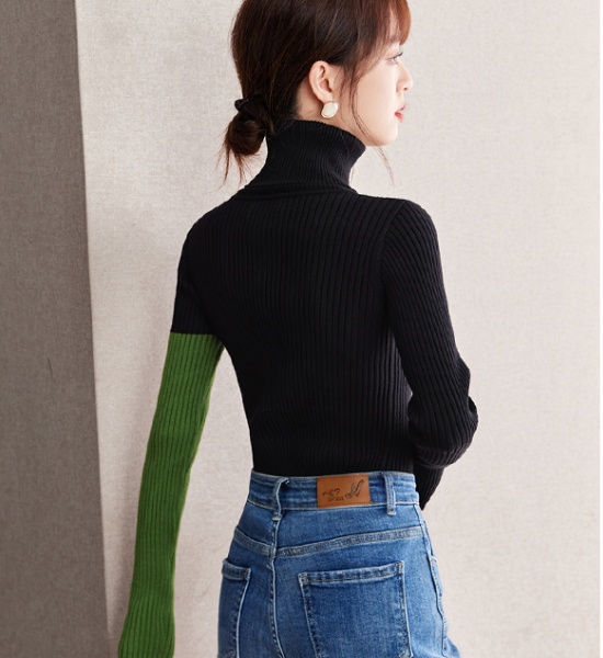 Slim bottoming mixed colors long sleeve splice black sweater
