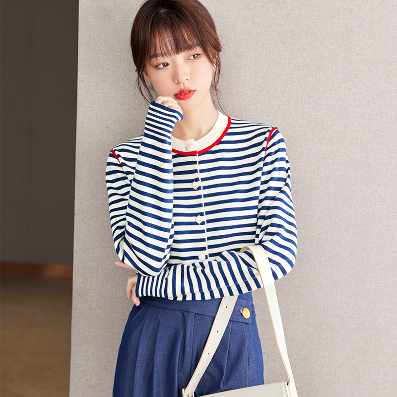Retro stripe coat long sleeve tops for women
