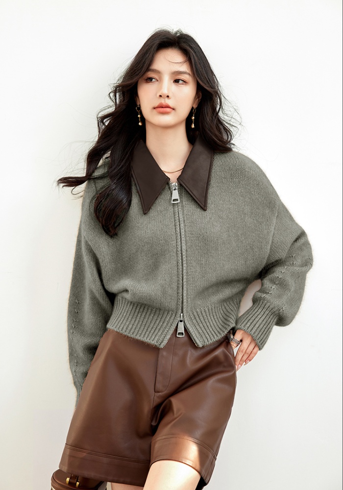 Double zip autumn coat stitching leather sweater for women