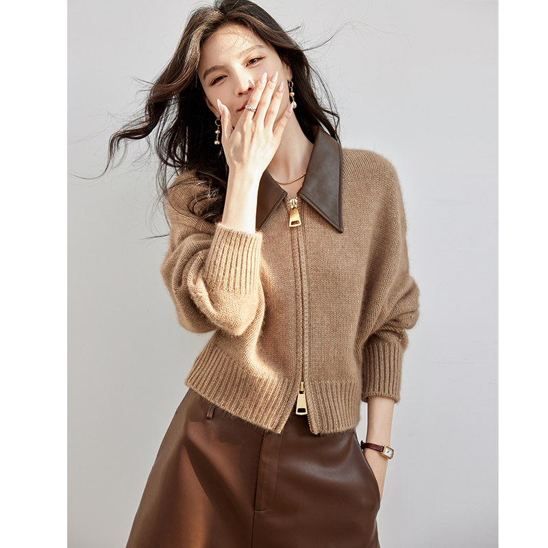 Double zip autumn coat stitching leather sweater for women