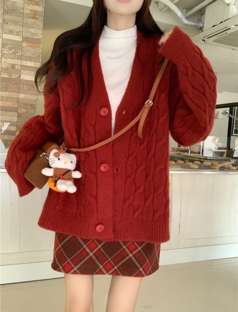 Autumn and winter red tops loose sweater for women