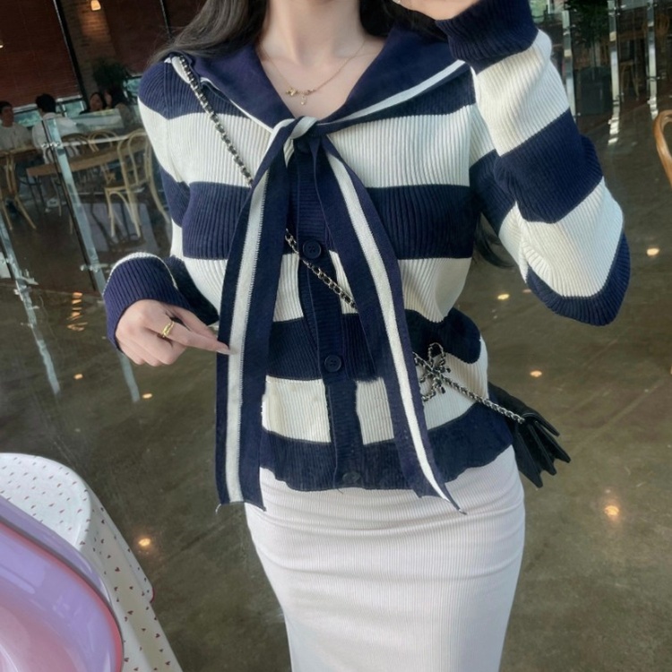 Knitted mixed colors sailor collar slim retro tops