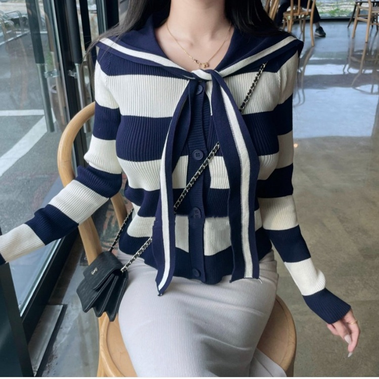 Knitted mixed colors sailor collar slim retro tops