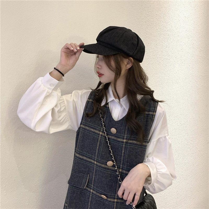 Simple pleated vest Korean style retro shirt 2pcs set