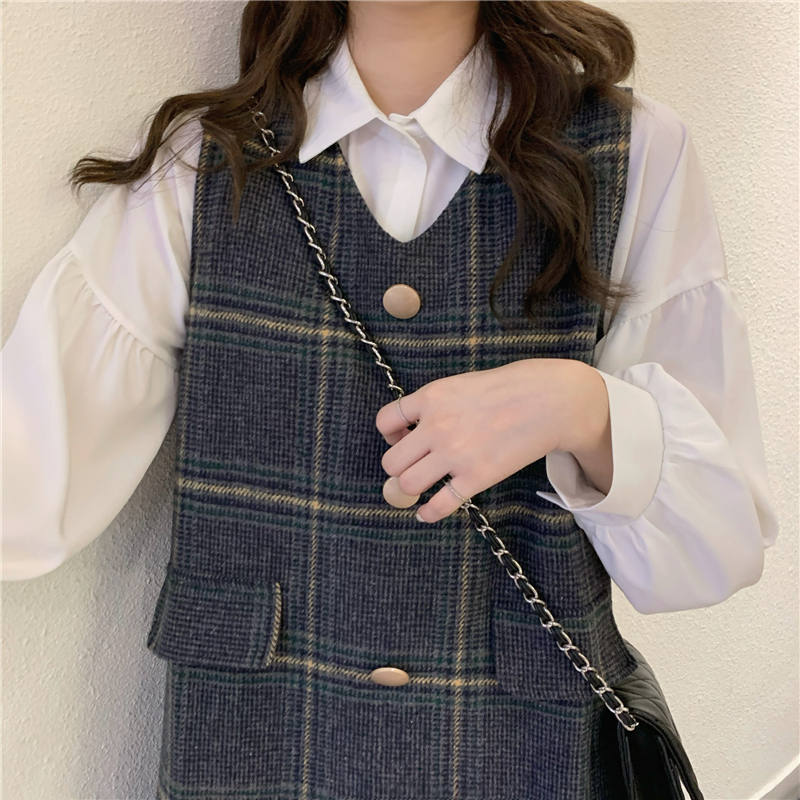 Simple pleated vest Korean style retro shirt 2pcs set