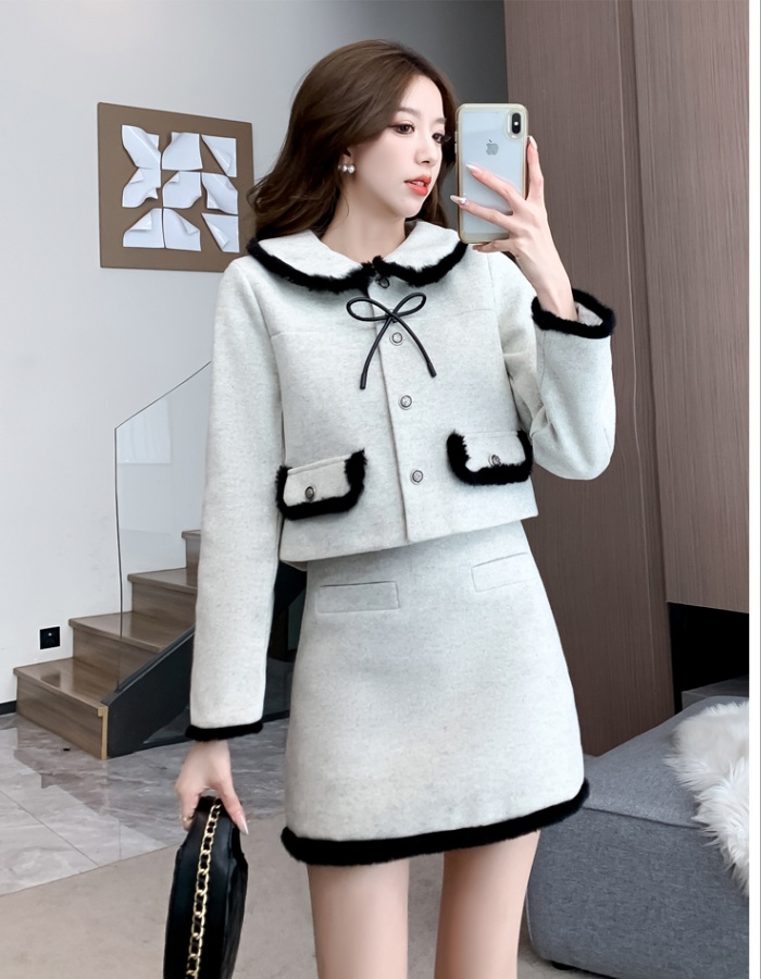 Mixed colors short skirt light luxury coat a set