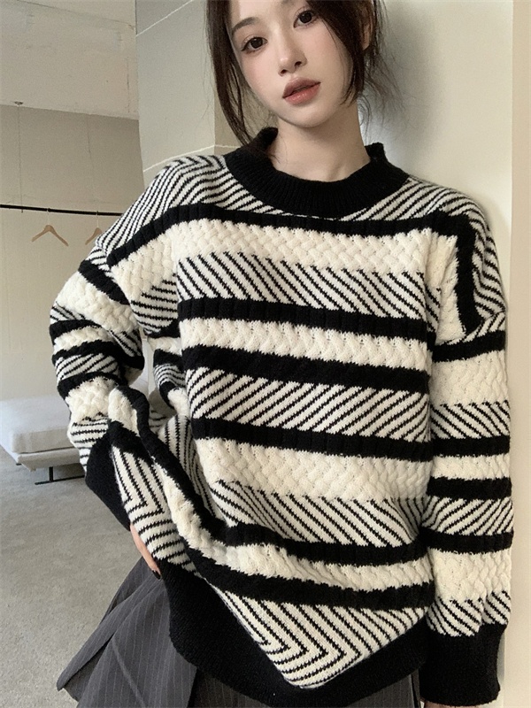 Long mixed colors stripe sweater knitted thick tops