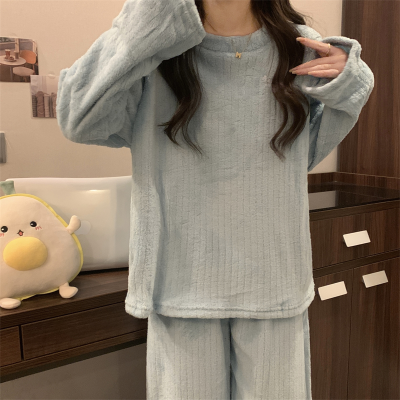 Thick plus velvet Korean style round neck pajamas a set