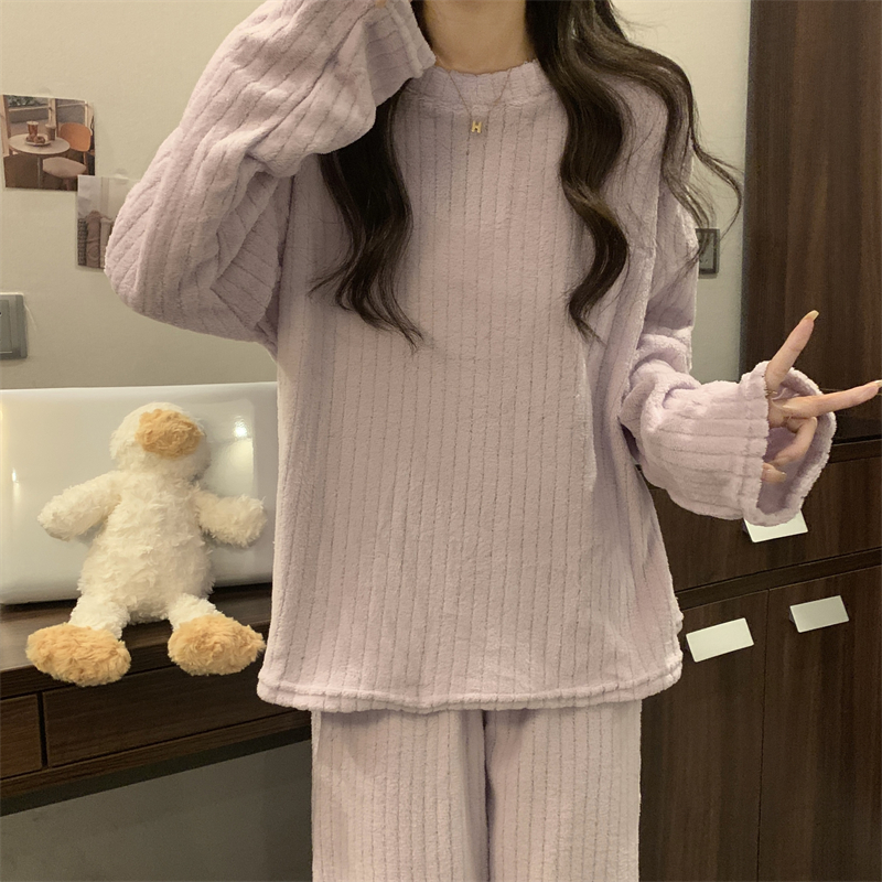 Thick plus velvet Korean style round neck pajamas a set