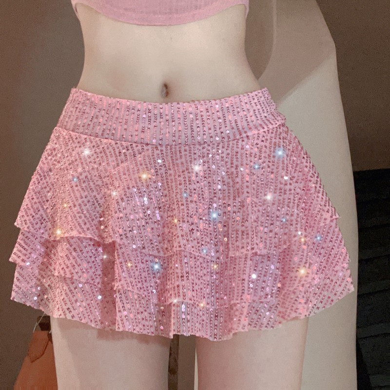 Multilayer enticement short pink sequins pole dancing skirt