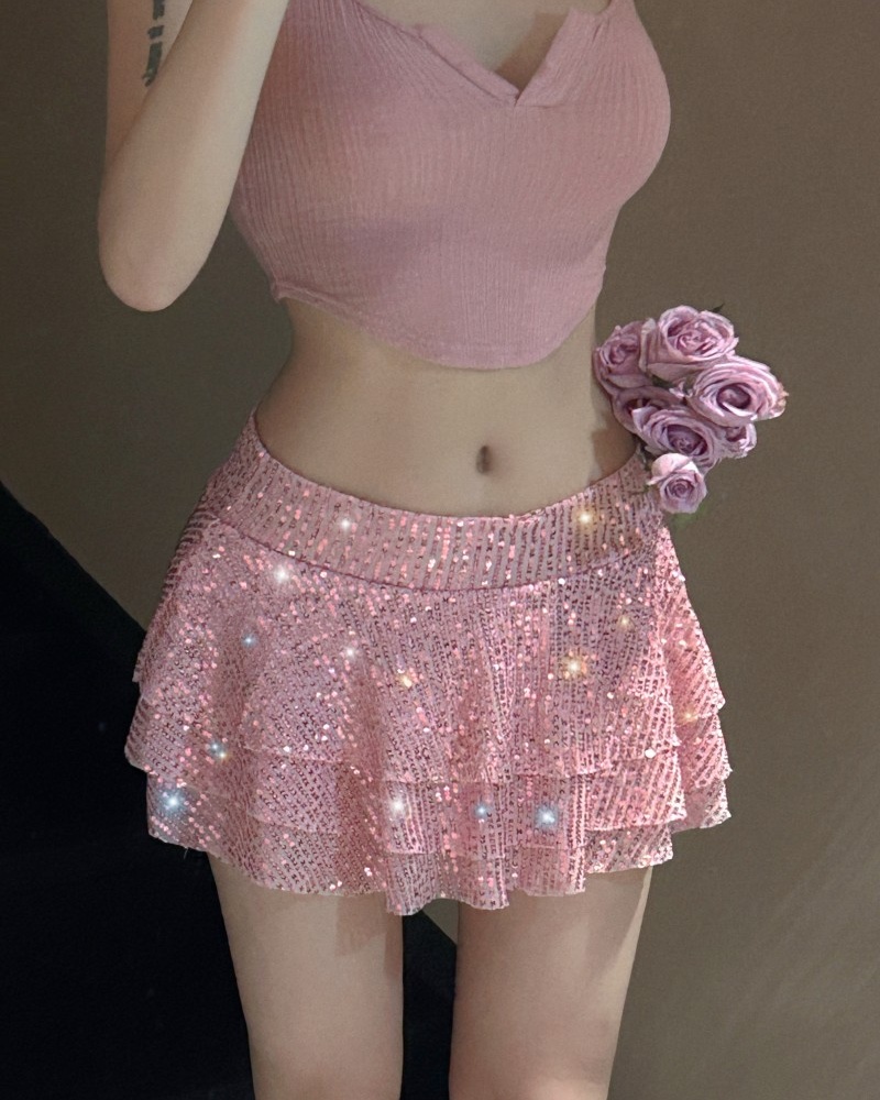 Multilayer enticement short pink sequins pole dancing skirt