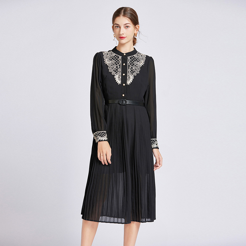 Pleated embroidery pinched waist long fashion dress
