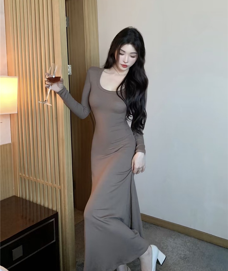 Retro long sleeve package hip pinched waist dress for women