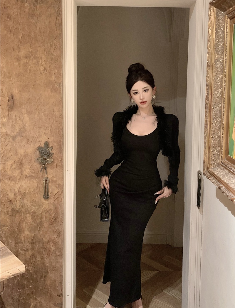 Black cardigan autumn strap dress 2pcs set for women