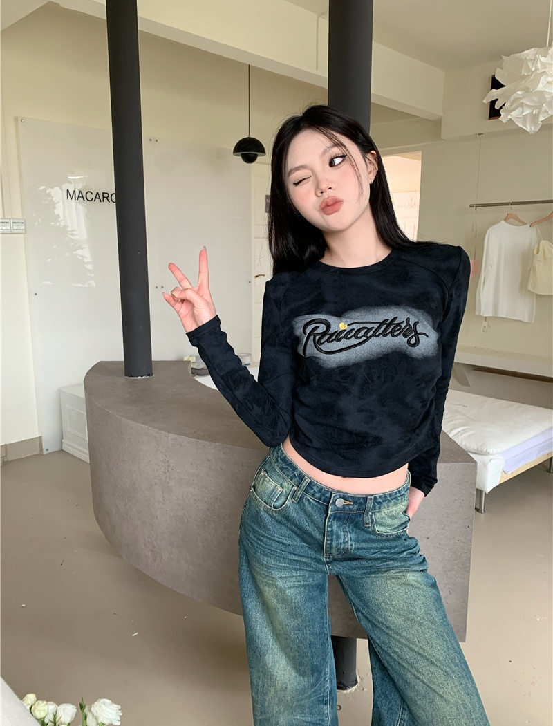 Embroidery pinched waist retro fold long sleeve T-shirt