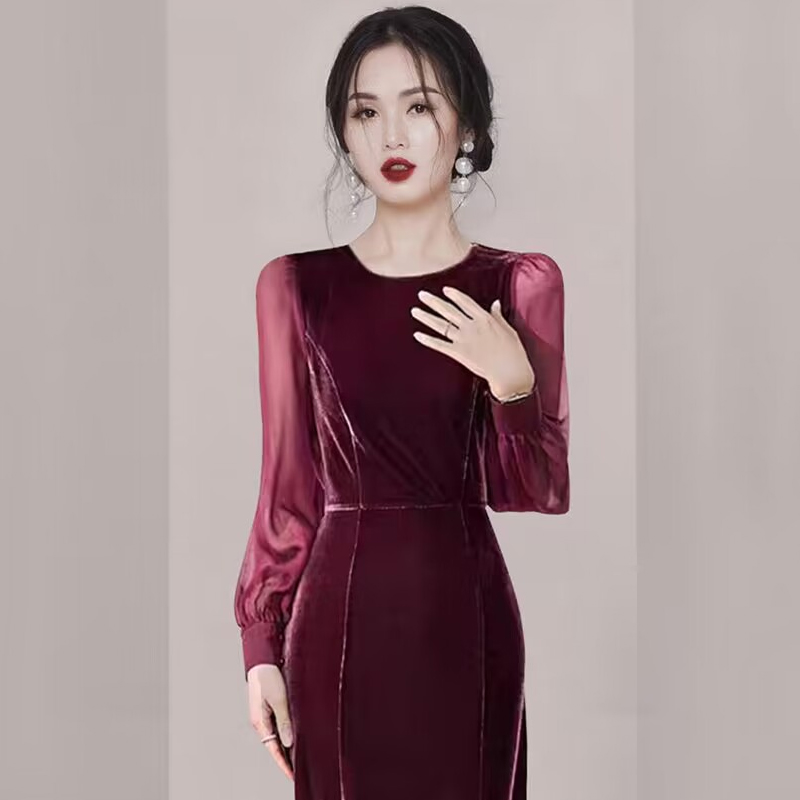 Round neck slim long dress temperament wine-red dress