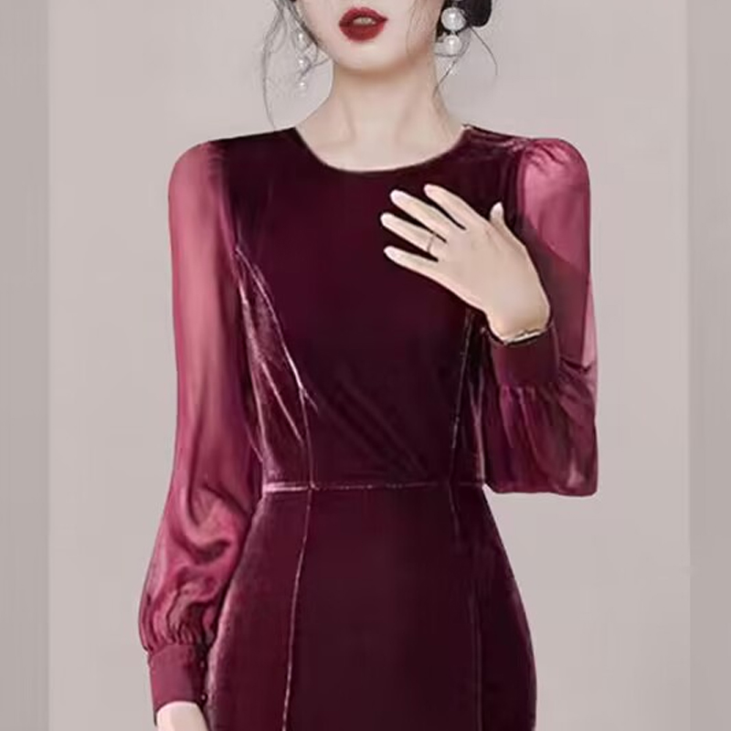 Round neck slim long dress temperament wine-red dress