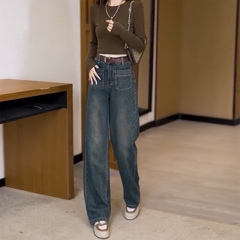 Straight slim wide leg pants loose jeans for women