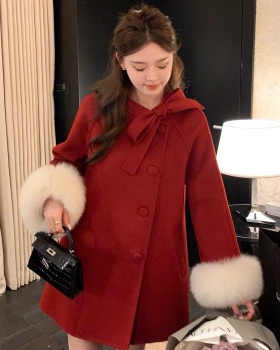 Bow two-sided fox fur wool woolen coat