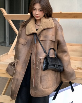 Two-sided suede thick large lapel jacket for women