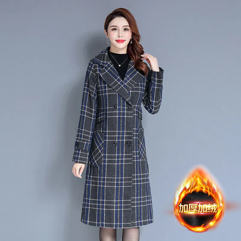 Long plus velvet houndstooth woolen coat for women
