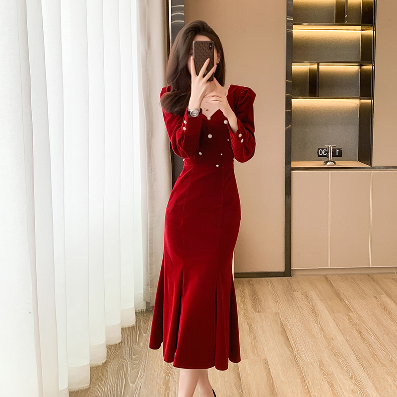 Red mermaid formal dress autumn and winter evening dress