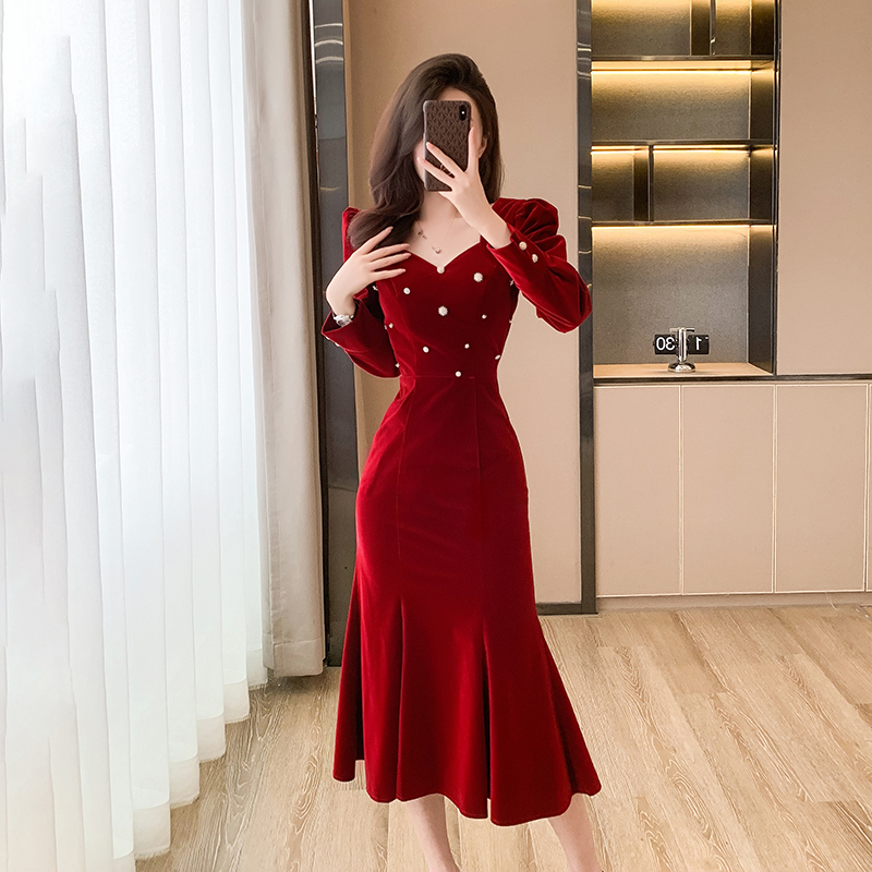 Red mermaid formal dress autumn and winter evening dress