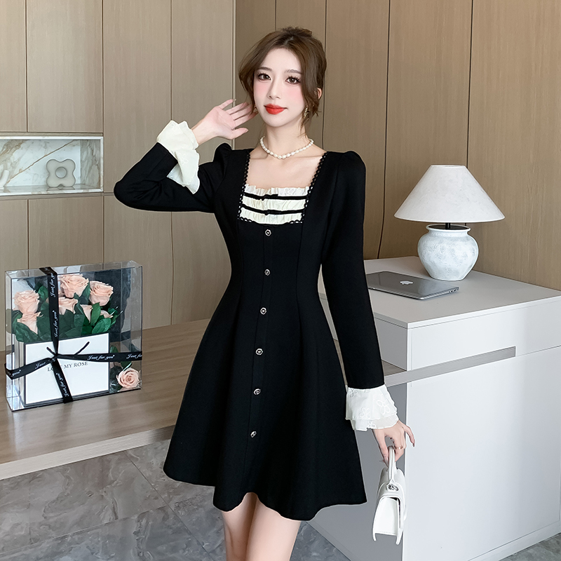 Autumn temperament black A-line sweet dress for women