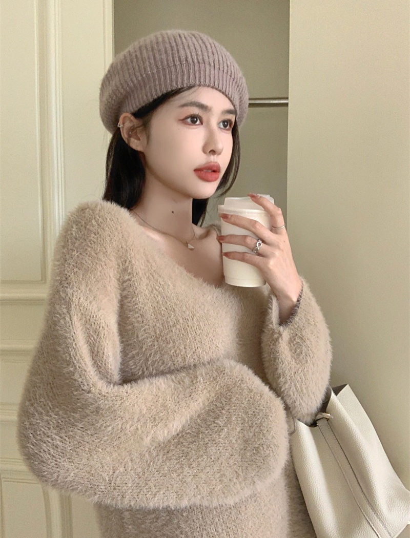 Mink velvet knitted dress bottoming exceed knee sweater dress