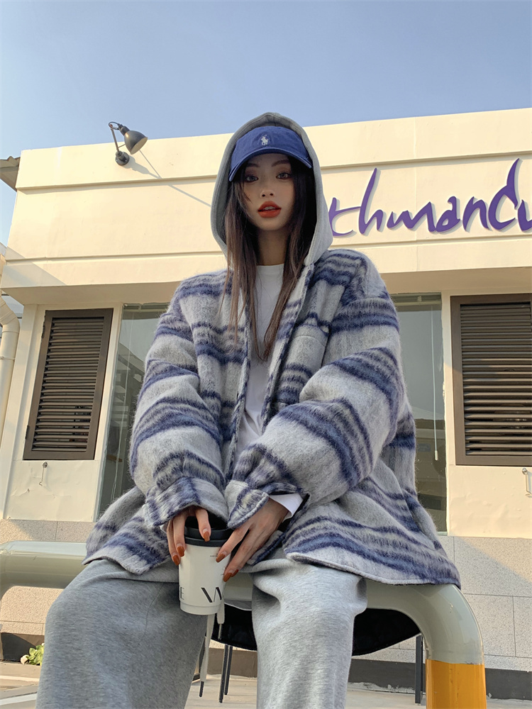 Hooded long sleeve clip cotton thick plaid coat