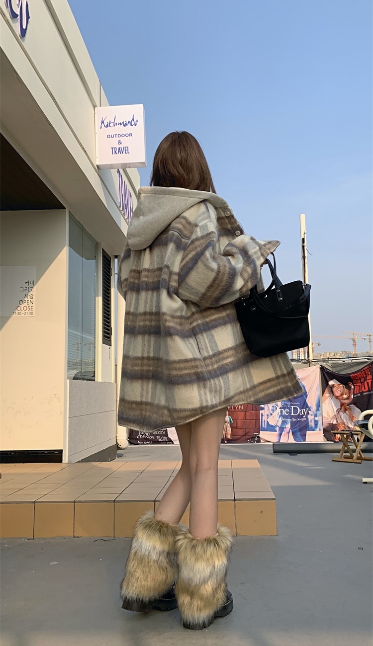 Hooded long sleeve clip cotton thick plaid coat