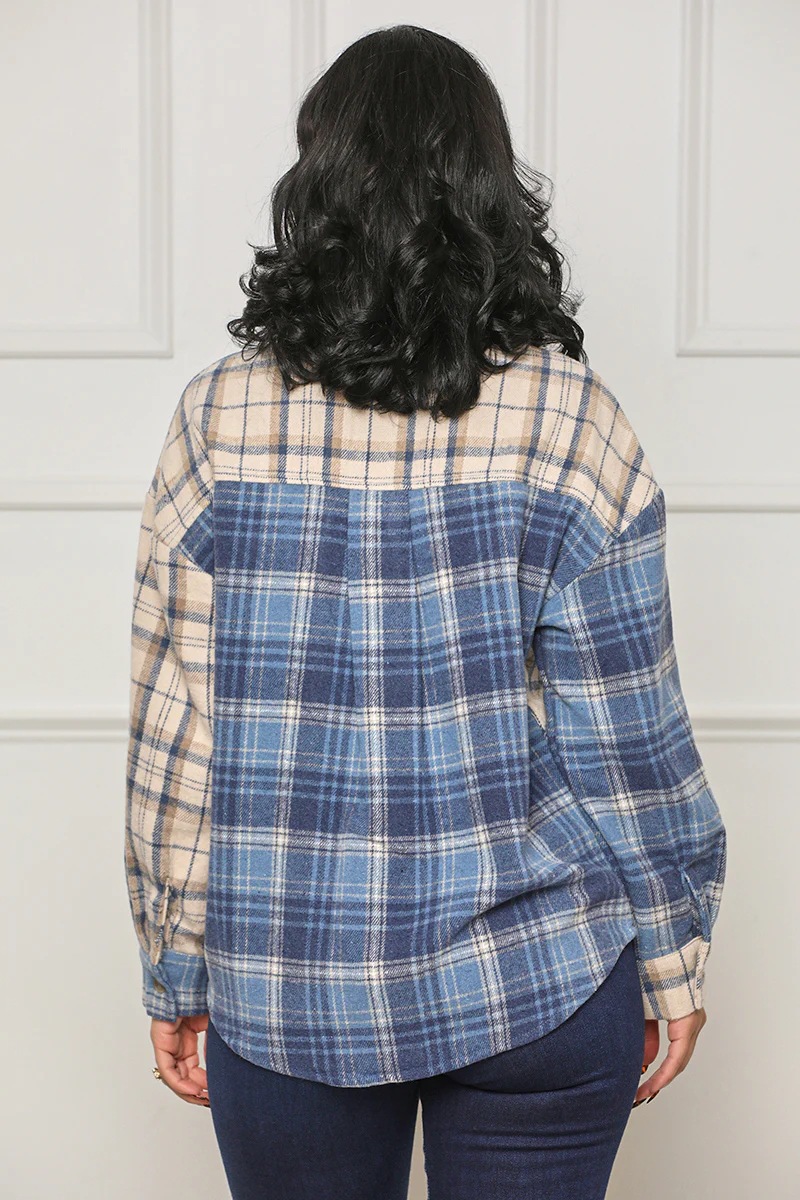 Mixed colors woolen shirt plaid loose coat