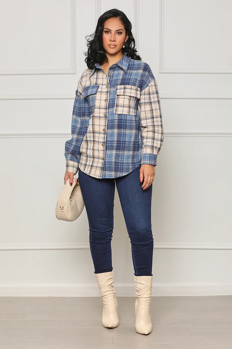 Mixed colors woolen shirt plaid loose coat