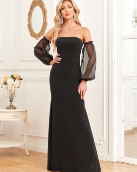 Wrapped chest shiny evening dress black wear dress