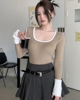 Slim mixed colors cuff knitted round neck bottoming shirt