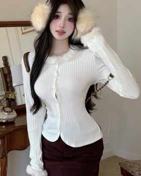 Fur collar slim long sleeve sweater wears outside thermal tops