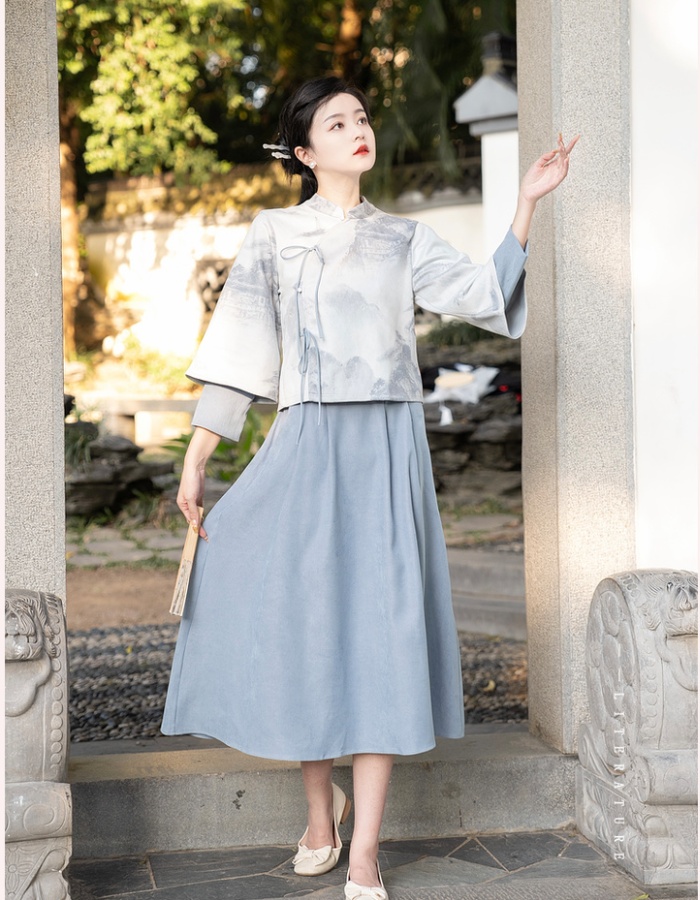 Ink Chinese style skirt loose leather cashmere cheongsam 2pcs set
