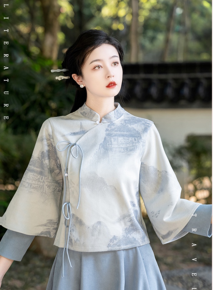 Ink Chinese style skirt loose leather cashmere cheongsam 2pcs set