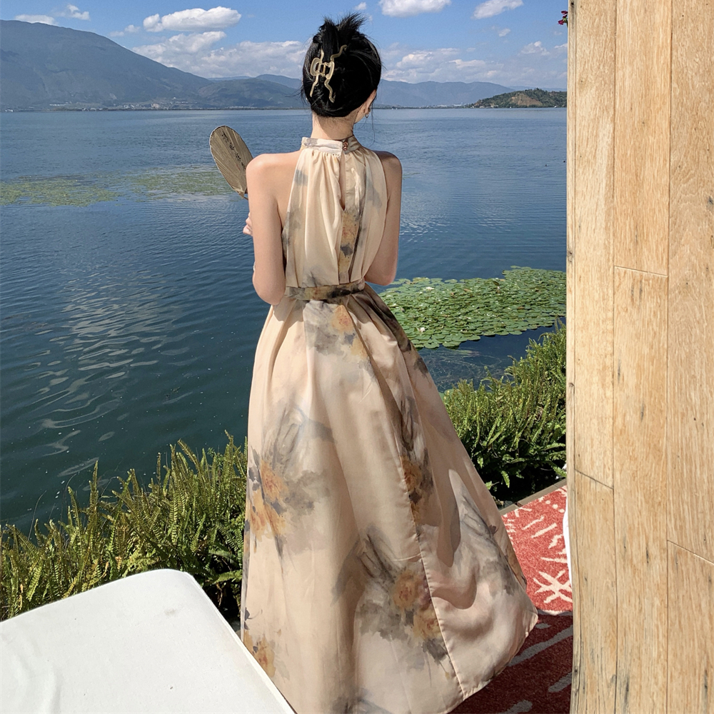 Chinese style vacation halter maiden summer dress