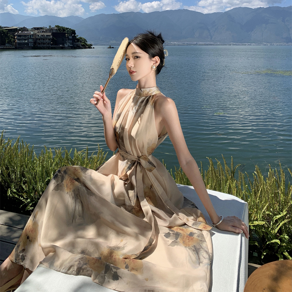 Chinese style vacation halter maiden summer dress