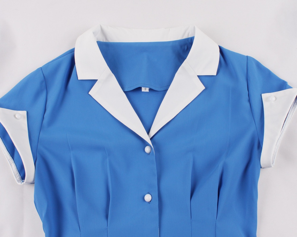 Short sleeve slim retro pinched waist blue dress