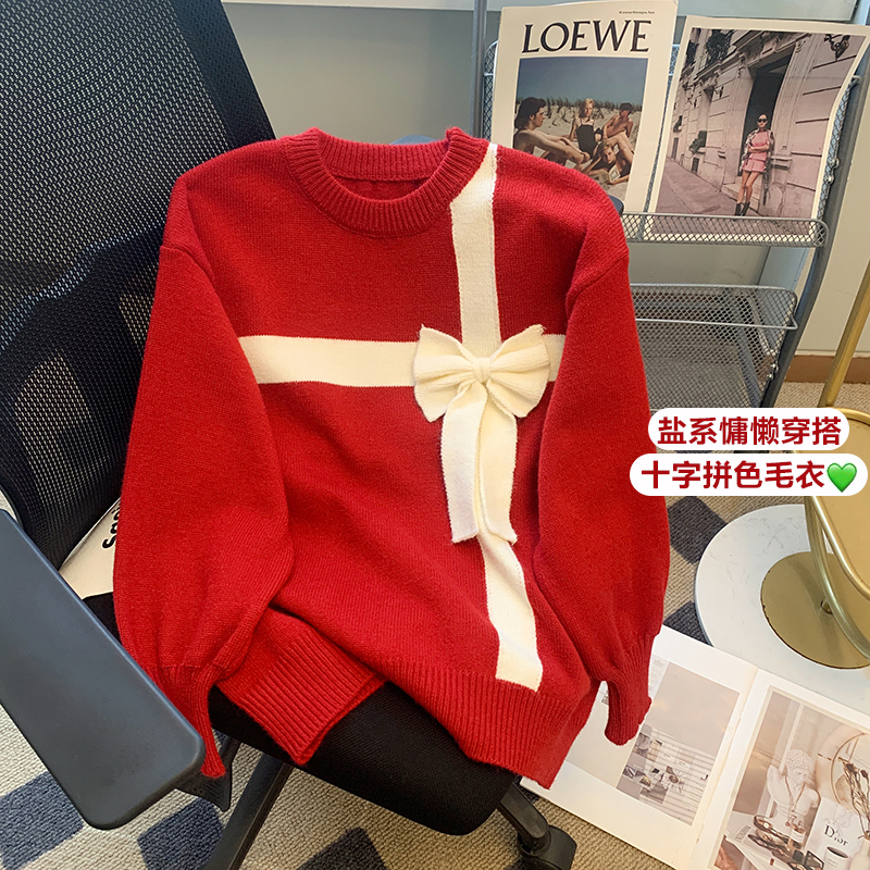 Autumn and winter bow red christmas retro sweater for women