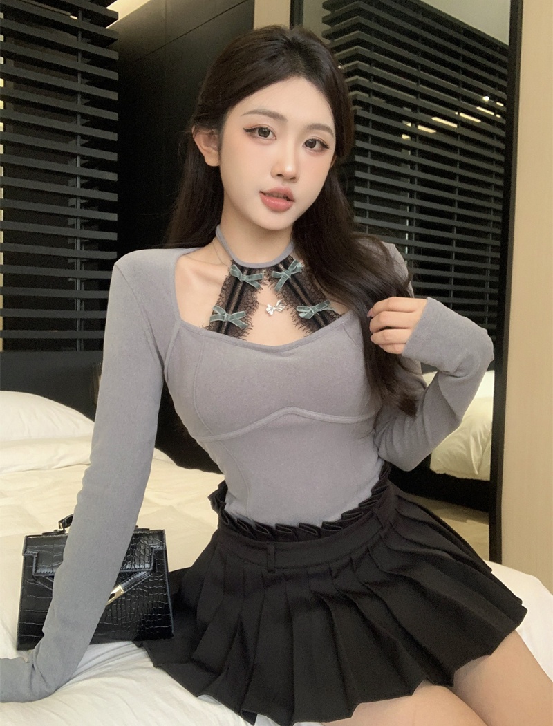 Splice lace long sleeve bottoming shirt halter slim tops