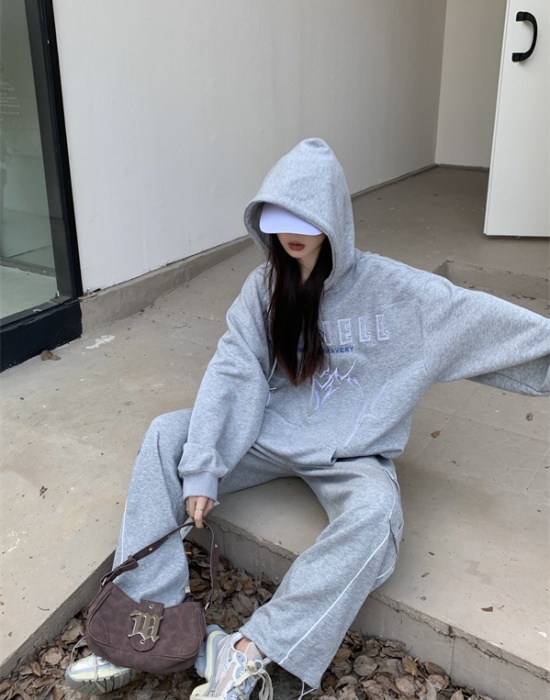 Korean style gray artifact unique hoodie 2pcs set