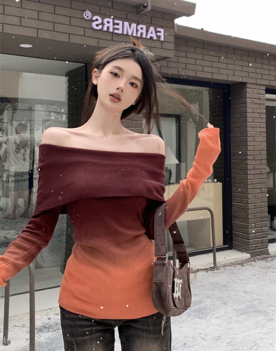 Tie dye flat shoulder autumn and winter bottoming shirt