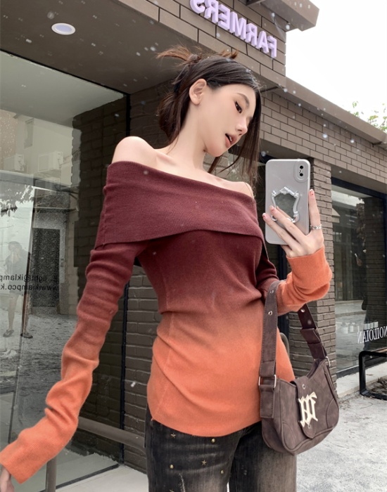 Tie dye flat shoulder autumn and winter bottoming shirt