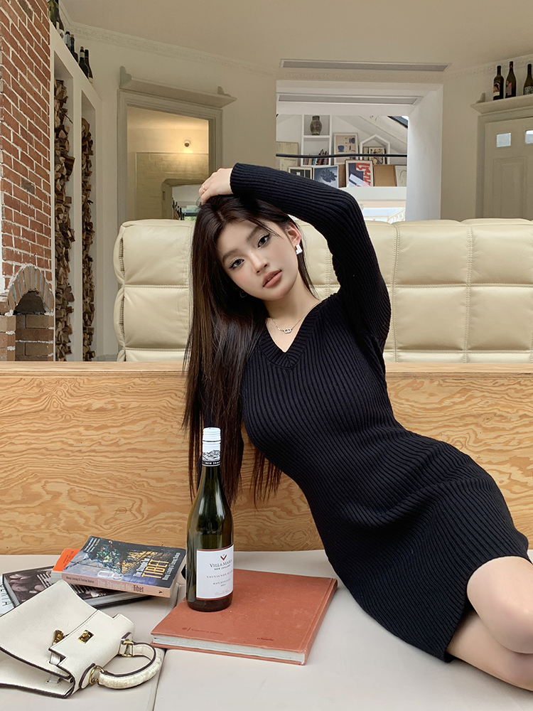 Package hip tight dress V-neck sweater for women