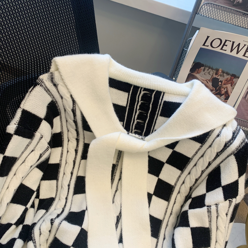 Pseudo-two plaid France style pullover sweater for women